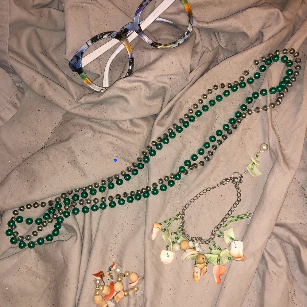 bundle tropical shell bracelet, earring set, glasses frames, 2 necklaces